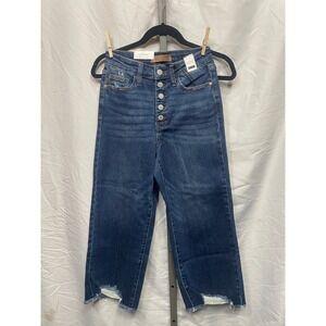 Judy Blue JB8887 High Waist Wide Crop  Button Fly Distressed Raw Hem Dark Jeans